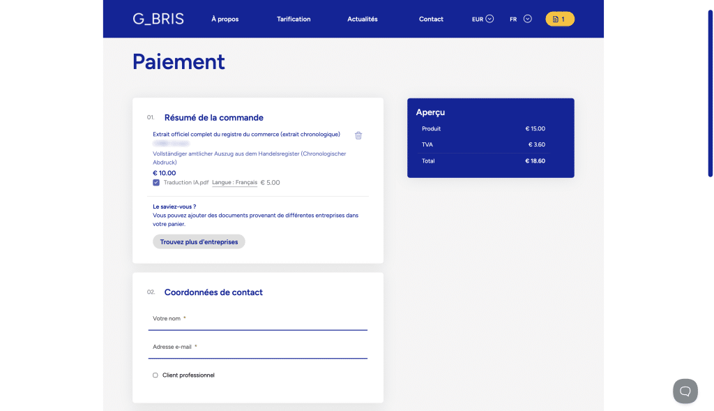 Page de paiement GBRIS montrant le récapitulatif de commande avec un extrait du registre allemand, traduction IA sélectionnée en anglais et prix total TVA incluse.